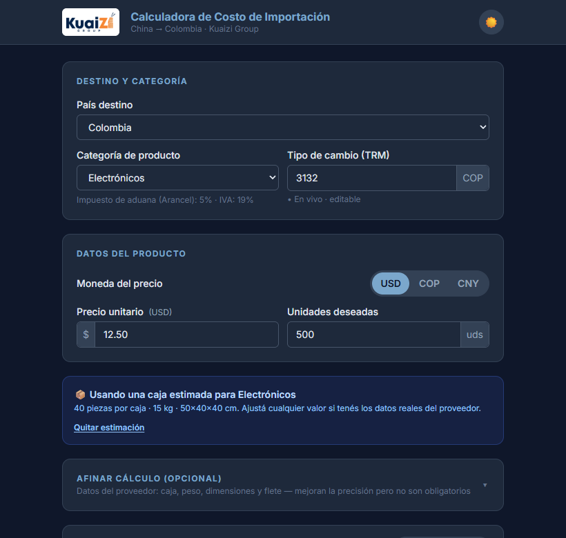 Formulario de la calculadora de importación