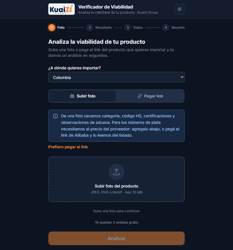 Primer paso del verificador de viabilidad: subir foto o pegar link